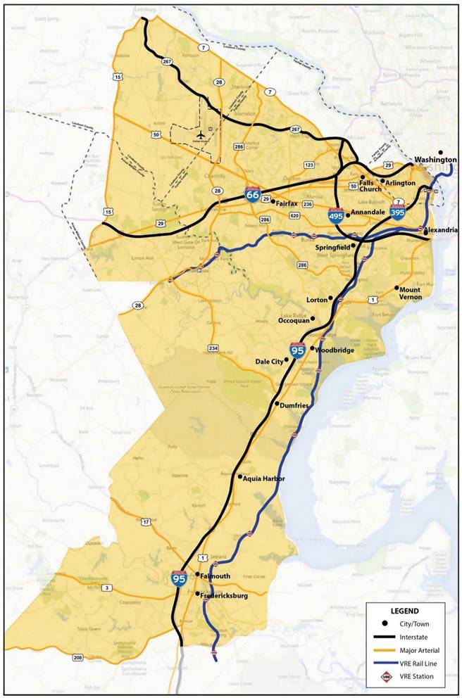 Map of NOVA Regional Mobility Initiative Development Area highlighting major traffic corridors such as I-95, I-66, I-495, I-395, US-29, US-267, and the VRE rail line.