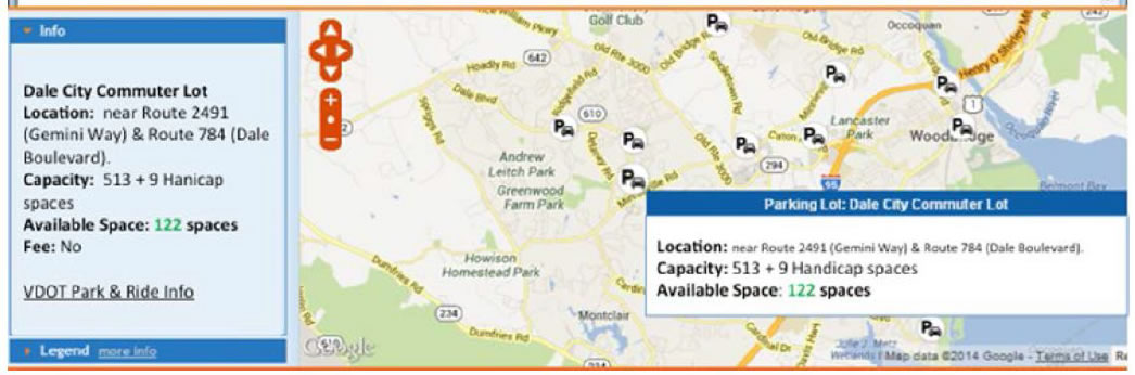 Real-time parking information displayed from application for uses for a parking lot in the Dale City Commuter Lot with 122 available spaces.