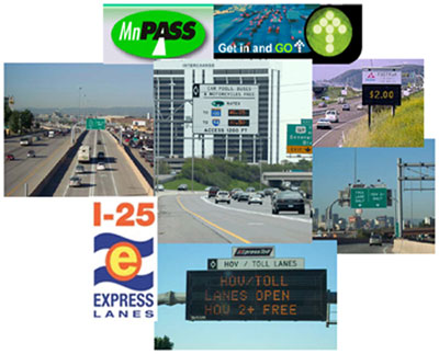 Photos. Collection of photos having to do with HOT lanes: traffic signs, tolling authority logos, HOT lanes.