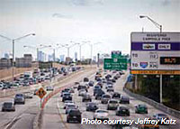 Photo. View of a Miami roadway with vehicles using toll lane and general purpose lanes.  The toll lane is less congested.