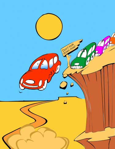 cartoon representation of cars driving off a mesa and falling to a road on the plain below. It is drawn in a cartoon style with windshield eyes and front grill mouths. A sign on the mesa states: "Don't look down now!"