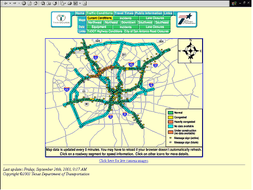 screen shot of a Texas DOT website displaying real-time traffic flow conditions. This screen shows a map of the San Antonio area, with routes color coded green for normal conditions, yellow for congested conditions, red for heavily congested conditions, blue for no data available, and orange for under construction. Symbols are shown for active and blank message signs