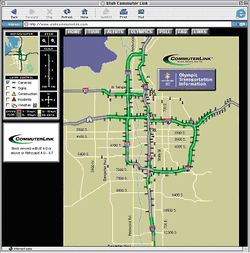screen shot of a Utah CommuterLink website displaying real-time traffic flow conditions. This screen shows a map for the Salt Lake area, with routes color coded red for a speed of 0–30 mph, yellow for 31–50 mph, green for 51–65 mph, and gray for no data. Symbols are shown for cameras, signs, construction, incidents, and weather