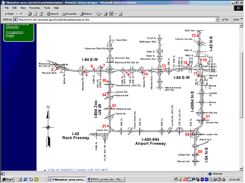 screen shot of a Wisconsin DOT website showing a map of Milwaukee area CCTV traffic cameras for users to select from for video feedback
