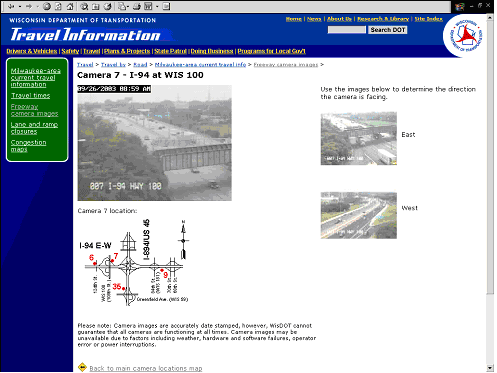 screen shot of a Wisconsin DOT website showing video feed pictures from the selected Milwaukee area CCTV camera and a map of the camera location