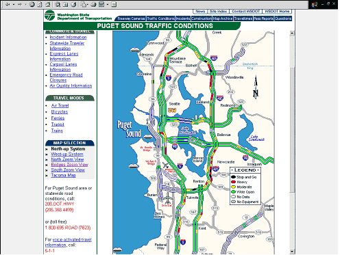 screen shot of a Washington State DOT website displaying real-time traffic flow conditions. This screen shows a map of Puget Sound traffic conditions, with routes color coded black for stop and go traffic, red for heavy traffic, yellow for moderate traffic, green for wide open traffic, white for no data, and gray for no equipment