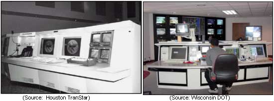 two photos of TMC operator workstations, one showing a keyboard and multiple screens and the other showing a TMC operator sitting at a multi-station console with three keyboards and screens