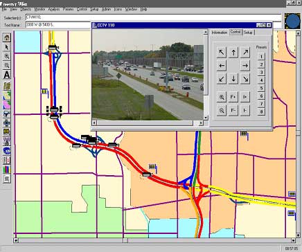 screen shot of user interface control screen, showing a Freeway West map and an inset screen showing feedback from CCTV 110 of traffic conditions