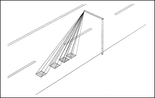 drawing showing four square zones in one lane of a roadway that are detected by an overhead-mounted passive infrared sensor located next to the roadway