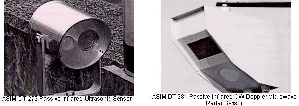 two photos of passive infrared combination sensors: one an ASIM DT 272 passive infrared-ultrasonic sensor (cylindrical) and the other an ASIM DT 281 passive infrared-CW Doppler microwave radar sensor (rectangular and jointed)