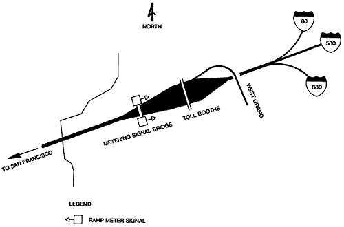 drawing showing the placement of mainline metering of vehicles traveling through a toll plaza