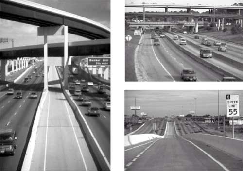 three photos of exclusive, barrier-separated, reversible HOV lanes, each consisting of a single lane located in the median of a freeway and separated from general purpose lanes by concrete barriers