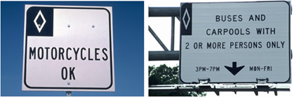 figure 31 - photos - Two photographs showing various lane restrictions based on eligibility (motorcycles and buses and carpools)