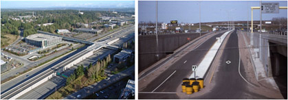 figure 43 - photos - Two photographs showing median drop ramps, elevated example on left, depressed example on right)