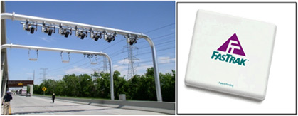figure 45 - photos - Two photographs of electronic toll collection gantry on left and sample transponder on right