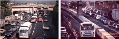 figure 9 - photos - Two photographs showing bus only lanes on freeways