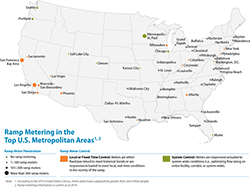 A map of the continental United States showing the ramp metering in the top U.S. metropolitan areas.