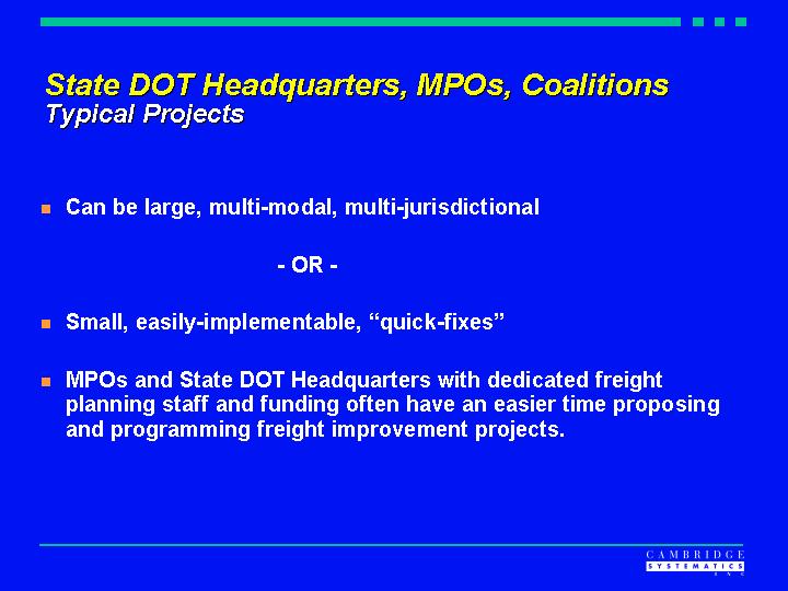 State DOT Headquarters, MPOs, Coalitions-Typical projects