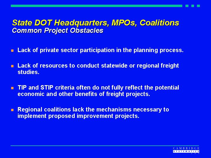 State DOT Headquarters, MPOs, Coalitions