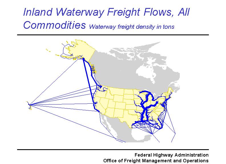 Heavy Missippi River focus for inland waterway system. Shipments also occur along the Great Lakes, and there exists a sizable movement of materials along the U.S. costs. The apparent flow to Latin America is actually Panama Canal traffic moving between the U.S. East and West Coasts.  
