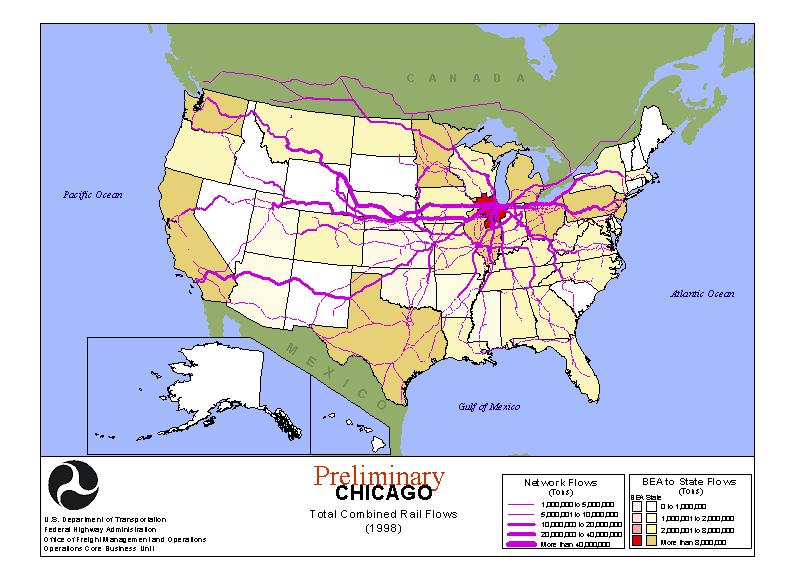Here is the map of rail flow moving to and from Chicago. This map shows the combined movements into and out of the Chicago area.  The map also includes both domestic and international freight. The minimum density in this map is much different, showing shipments that have a minimum flow of 1 million tons.  The convergence of the nation’s rail activity in the Chicago area is readily apparent.