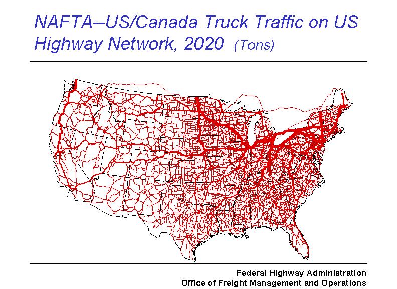 Earlier, the total U.S. truck flows were shown.  Here is a view of U.S.-Canadian activity in the year 2020. Canada is our largest trading partner; this slide shows the domestic legs of Canadian/US trade on the highway system  in the year 2020.  The key corridors remain important to the movement of U.S.-Canadian trade.  In previous slide, average annual compound growth for Canada was 3.1% a year.  