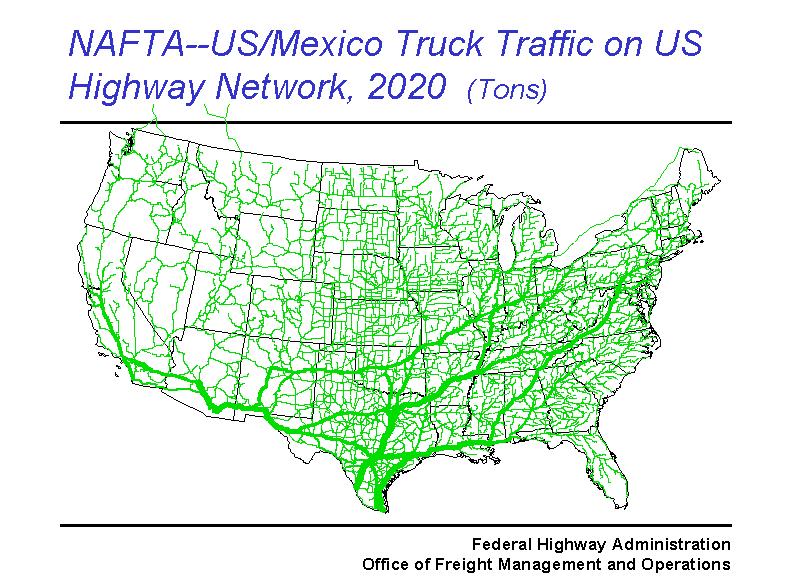 Here is the subset of the traffic as it relates to U.S.-Mexican traffic in the year 2020. Mexico is our number two trading partner.  Free trade in the Americas will further spur Latin American trade and growth in traffic particularly through our southern gateways. In previous slide, average annual compound growth for Mexico was 3.4% a year.  This figure does not assume the movement of Mexican trucks on the U.S. system, but reflects the future activity of U.S.-Mexican freight on the nation’s system.  