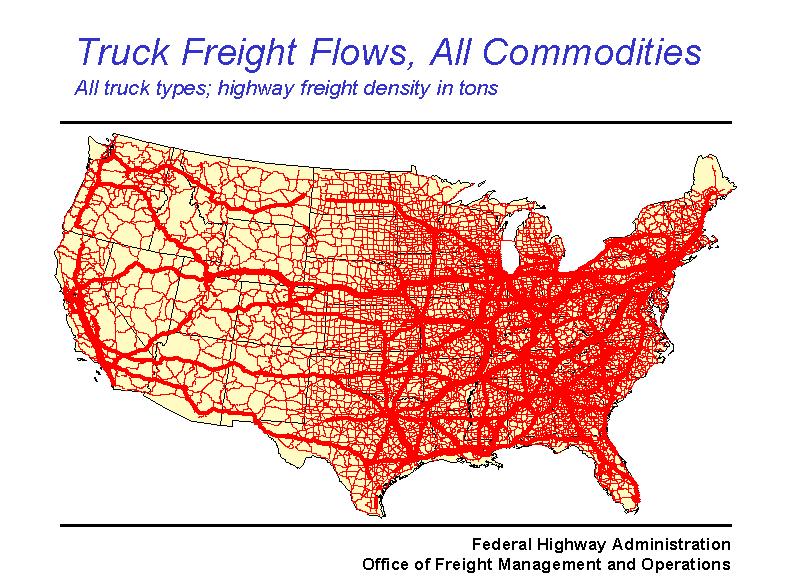 A picture is worth a thousand words.  Truck travel pretty ubiquitous on network; with obviously heavier densities in eastern seaboard and into the Midwest and Southeast corridors, large consuming regions. Notice, that every section of the country depends upon truck activities.   