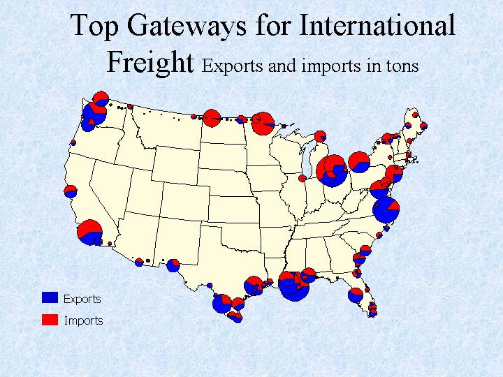 The map of Top Gateways for International Freight Exports and imports in tons.