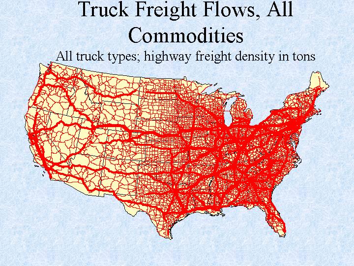 The map of Truck Freight Flows, All Commodities(All truck types; highway freight density in tons).