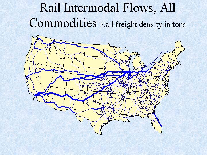 The map of Rail Intermodal Flows, All Commodities Rail freight density in tons.