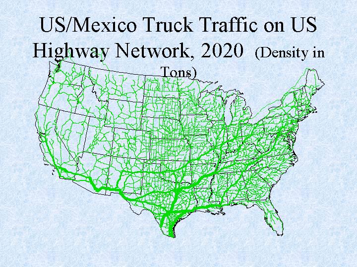 The map of US/Mexico Truck Traffic on US Highway Network, 2020  (Density in Tons).