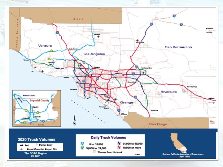 The map of 2020 truck volumes shows the truck activities at SCAG area in 2020.