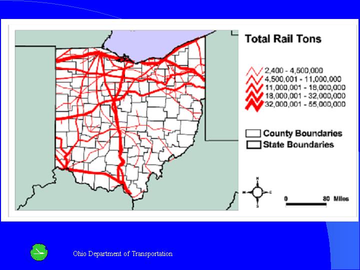The map of Total rail tons in Ohio.