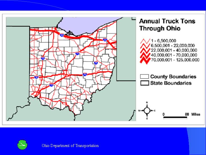 The map of Annual truck tons through Ohio.