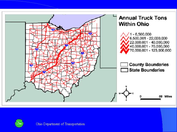 The freight map of Annual truck tons within Ohio.