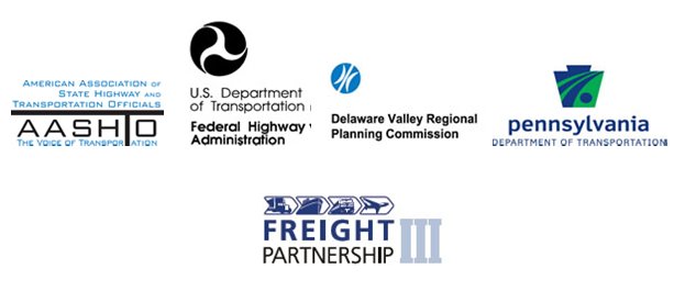 Collage of logos for AASHTO, the USDOT FHWA, the Delaware Valley Regional Planning Commission, the Pennsylvania Department of Transportation, and Freight Partnership III.