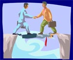 Clip art image of 2 men on either side of  a divide coming together in the middle and shaking hands.
