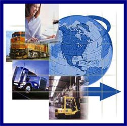 Collage of images including a woman at a computer, a train, a truck, a fork lift, and a globe with an arrow to illustrate a circling motion.