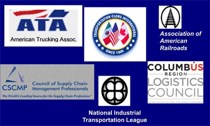 6 Logos: American Trucking Association, Transportation Clubs International, Association of American Railroads, Council of Supply Chain Management Professionals, National Industrial Transportation League, and Columbus Region Logistics Council.