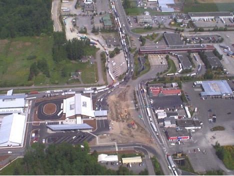An aerial photo with a view looking north at the Blaine Border Crossing facility between Canada and the United States