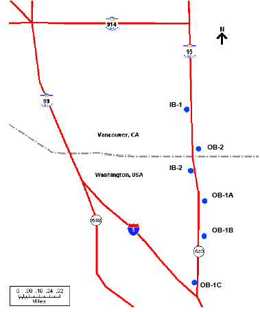 A road map of the interstate highways that cross the border between Vancouver, Canada, and Washington state in the United States. The map also shows sampling sites near the Blaine Border Crossing.