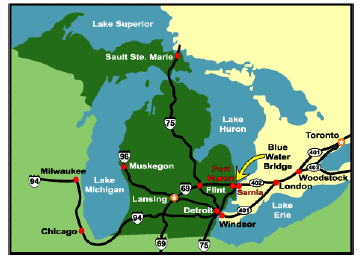Area map showing the location of the Blue Water Bridge between Michigan and Ontario