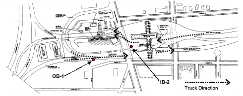 Map of the U.S. plaza showing the locations of the OB-1 data collection station for outbound traffic and the IB-2 data collection station for inbound traffic.