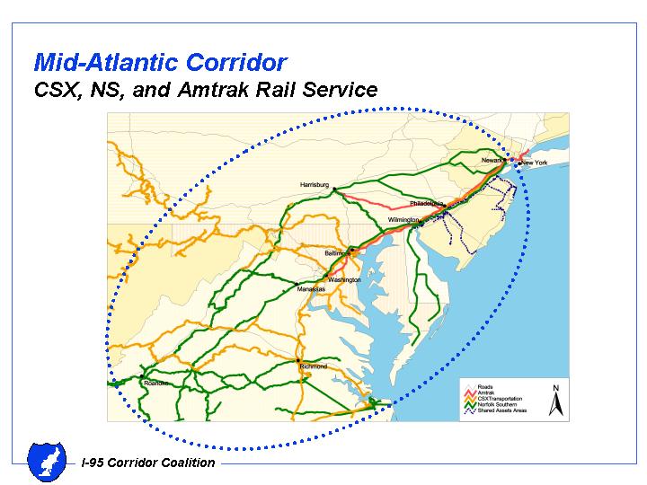 The map of Mid-Atlantic CorridorCSX, NS, and Amtrak Rail Service