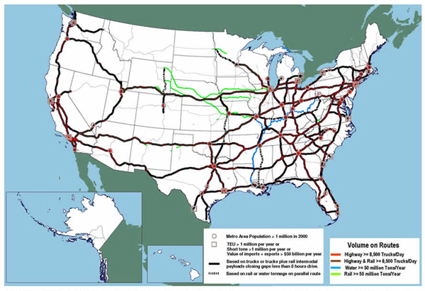 U.S. map showing corridors along the routes listed on the components of corridors map, reaching all portions of the country except Montana, northwestern Wyoming, eastern Nevada, southern Colorado, Vermont, and northern Maine.
