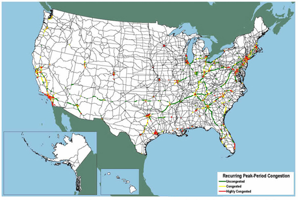U.S. map showing heavy congestion in the largest cities and moderate congestion on intercity routes in California.