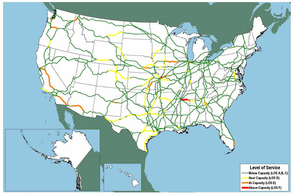 U.S. map showing congestion on lines in central California, along the Columbia River on the Oregon-Washington border, around Kansas City, eastern Iowa, Chicago, and northern Mississippi.