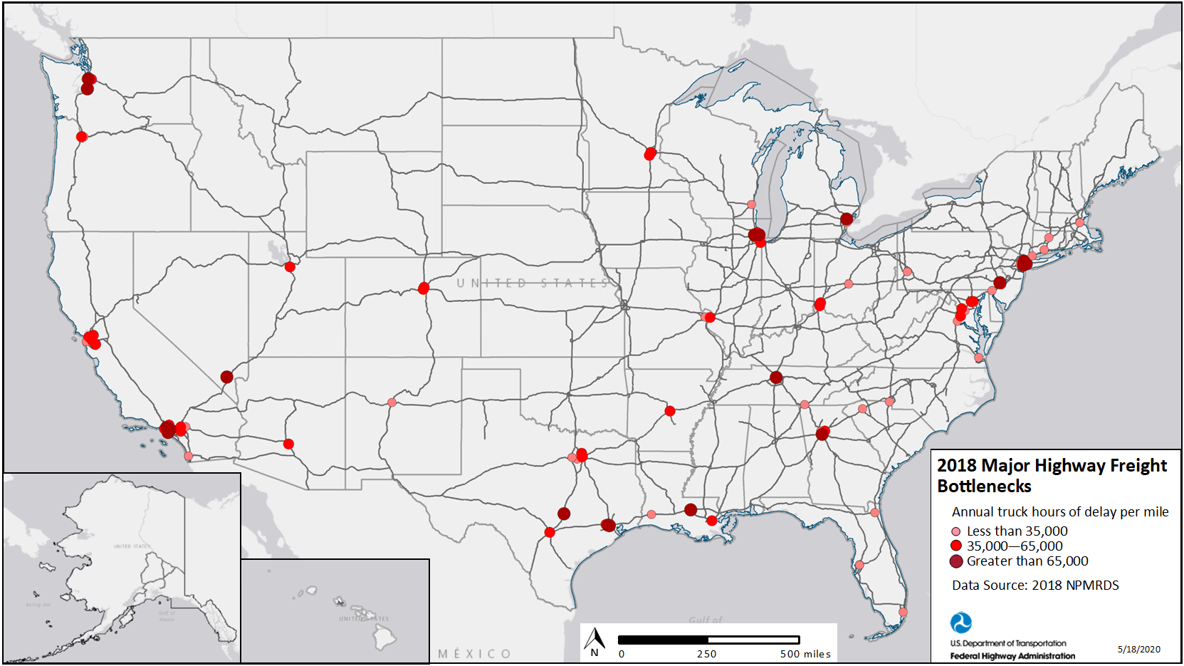 Map-1. Major Freight Highway  Bottlenecks Based Upon Truck Hours of Delay per Mile, 2018 NPMRDS