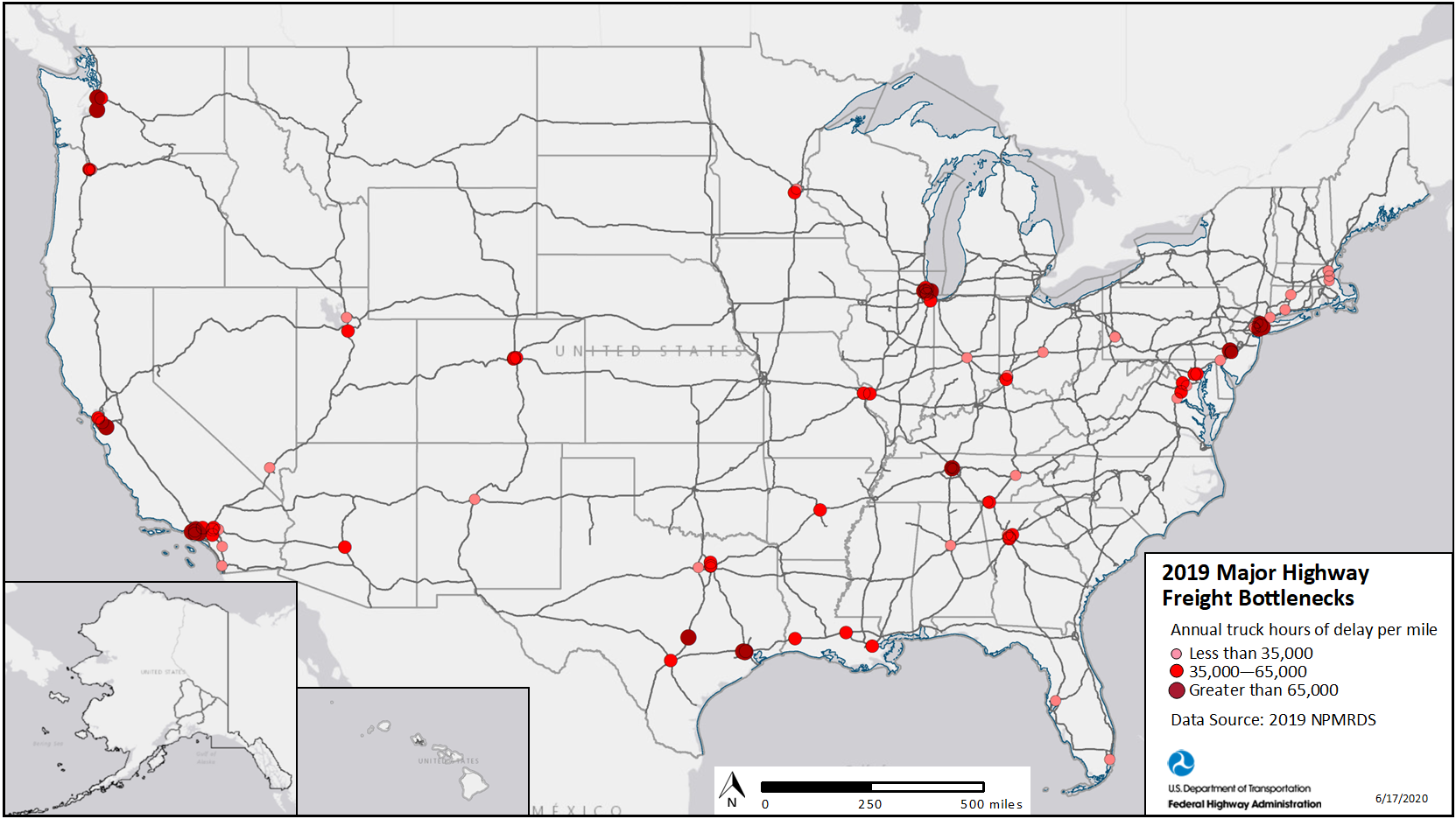 Map-1. Major Freight Highway Bottlenecks Based Upon Truck Hours of Delay per Mile,  2019 NPMRDS